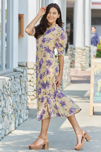 GeeGee Key To Love Puff Sleeve Floral Midi Dress in Yellow