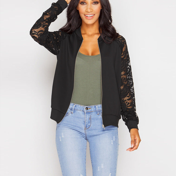 Llong sleeve lace splicing zipper small jacket jacket spot
