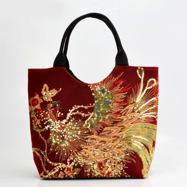 Women Shoulder Bag Handmade Embroidery Peacock Bohemia Ethnic Style Retro Handbag Large Capacity Tote Messenger Bag for Girl