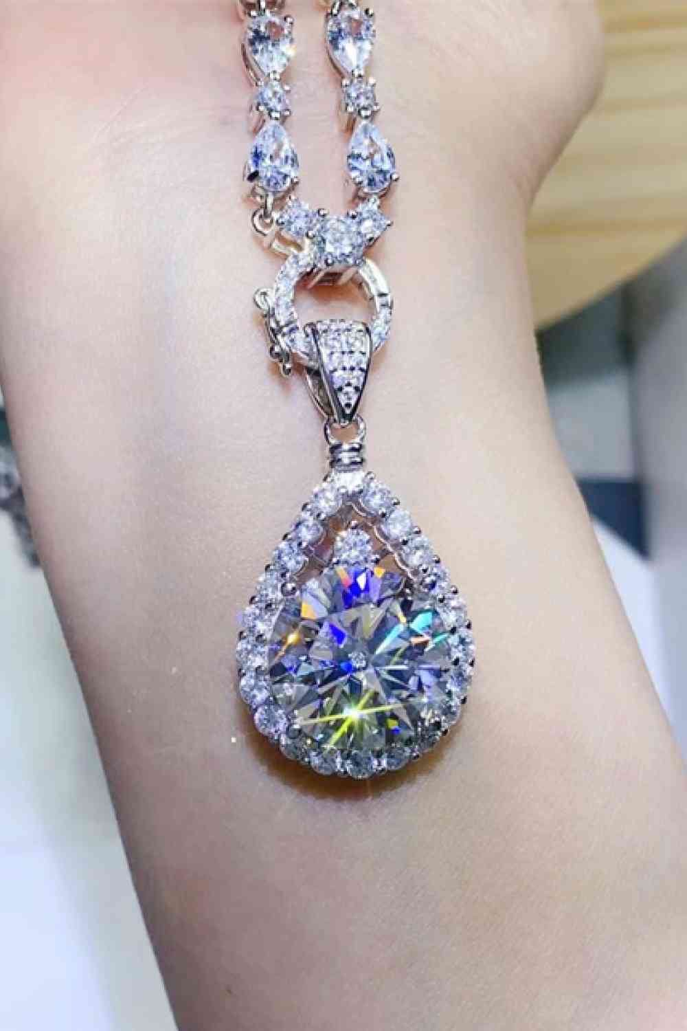 10 Carat Certifcate Included Moissanite Teardrop Pendant Platinum-Plated Necklace