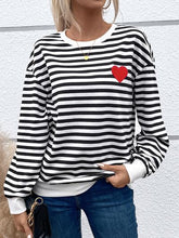 Load image into Gallery viewer, Heart Patch Striped Round Neck Long Sleeve Sweatshirt
