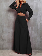 Load image into Gallery viewer, Collared Neck Long Sleeve Top and Wide Leg Pants Set
