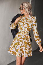 Load image into Gallery viewer, Floral Tie Neck Belted Puff Sleeve Dress
