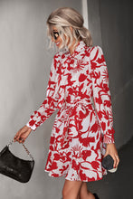 Load image into Gallery viewer, Floral Tie Neck Belted Puff Sleeve Dress
