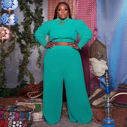 plus Size  Women Clothing Ruffled Collar Smocking Pleated Fashion Sexy 2-Piece Set