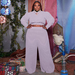 plus Size  Women Clothing Ruffled Collar Smocking Pleated Fashion Sexy 2-Piece Set
