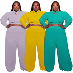 plus Size  Women Clothing Ruffled Collar Smocking Pleated Fashion Sexy 2-Piece Set