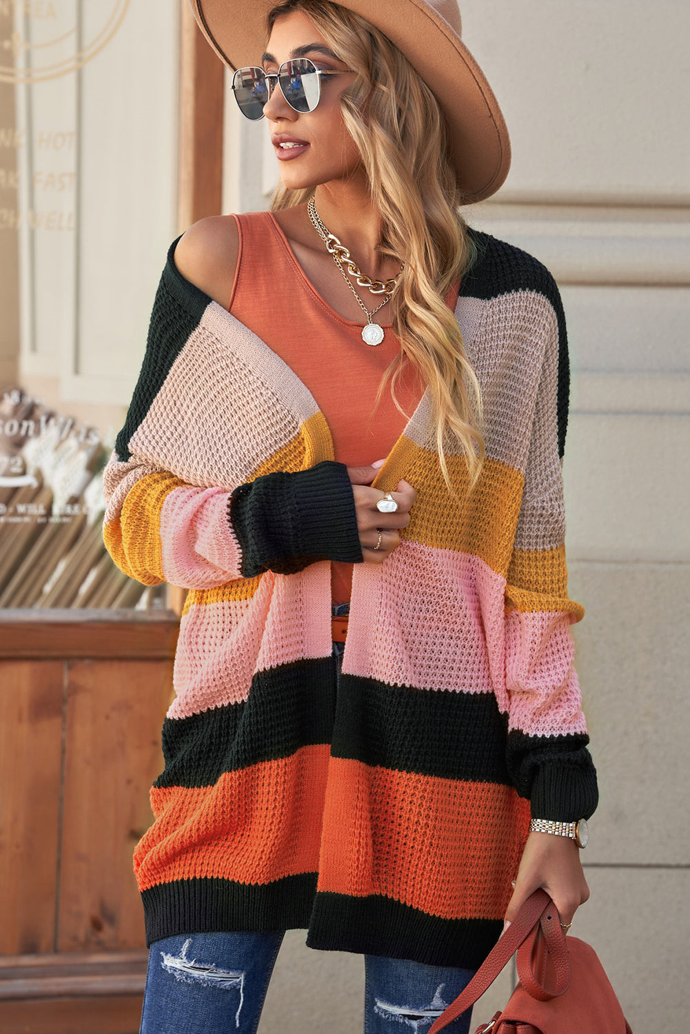 Waffle Knit Striped Open Front Cardigan