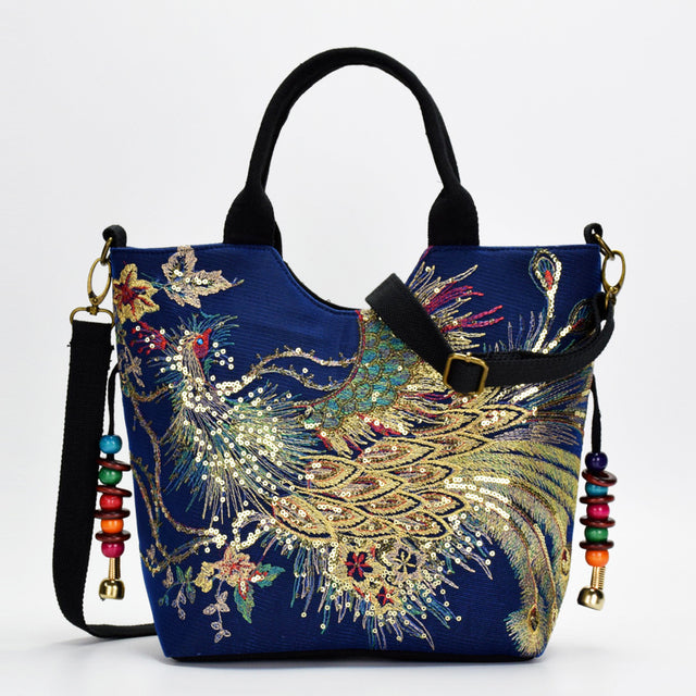 Women Shoulder Bag Handmade Embroidery Peacock Bohemia Ethnic Style Retro Handbag Large Capacity Tote Messenger Bag for Girl