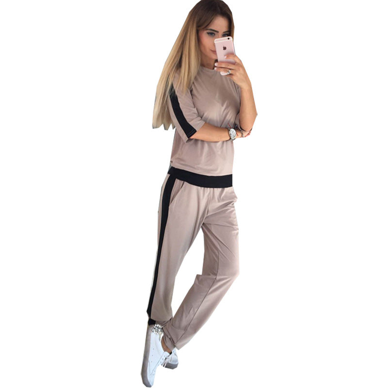 Women Clothing Collage Air Layer Blouse and Pants Fashion Casual Set