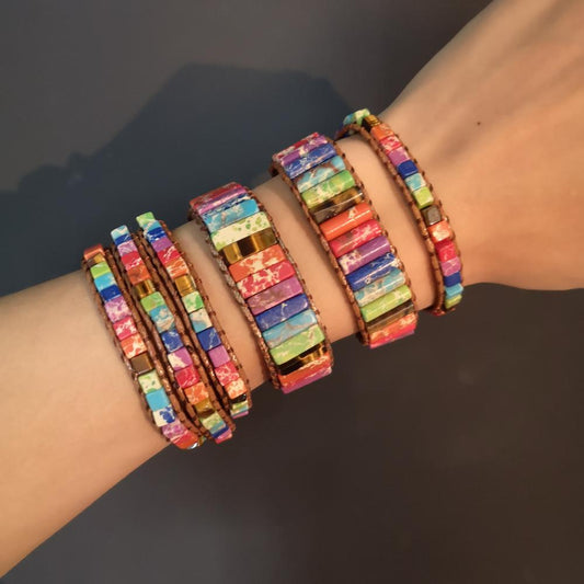 Color Positivity(International Friendship) Chakra Bracelets- Jewelry Handmade Multicolor Natural Stone Tube Beads Leather Wrap Bracelet Couples Bracelets Gifts