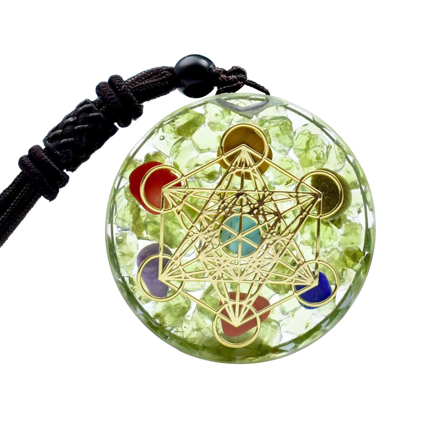 Women And Men Energy Magic Circle Necklace Pendant Natural Peridot Resin Seven Chakra Pendant Fashionable Jewelry Yoga Chain #18