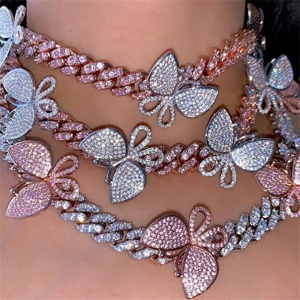 Pink Cuban Link Butterfly Choker Necklace Chain Crystal Rhinestone Chokers Necklaces