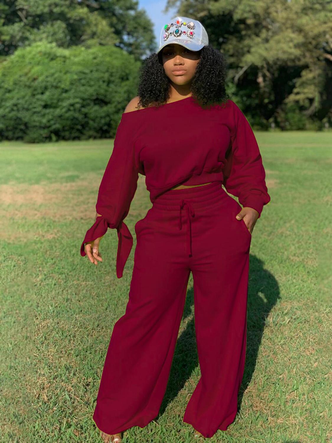 Long Sleeve Sexy Off Shoulder Crop Top Wide Leg Pants Two Piece Set lounge wear Casual Fashion Tracksuit  Outfit
