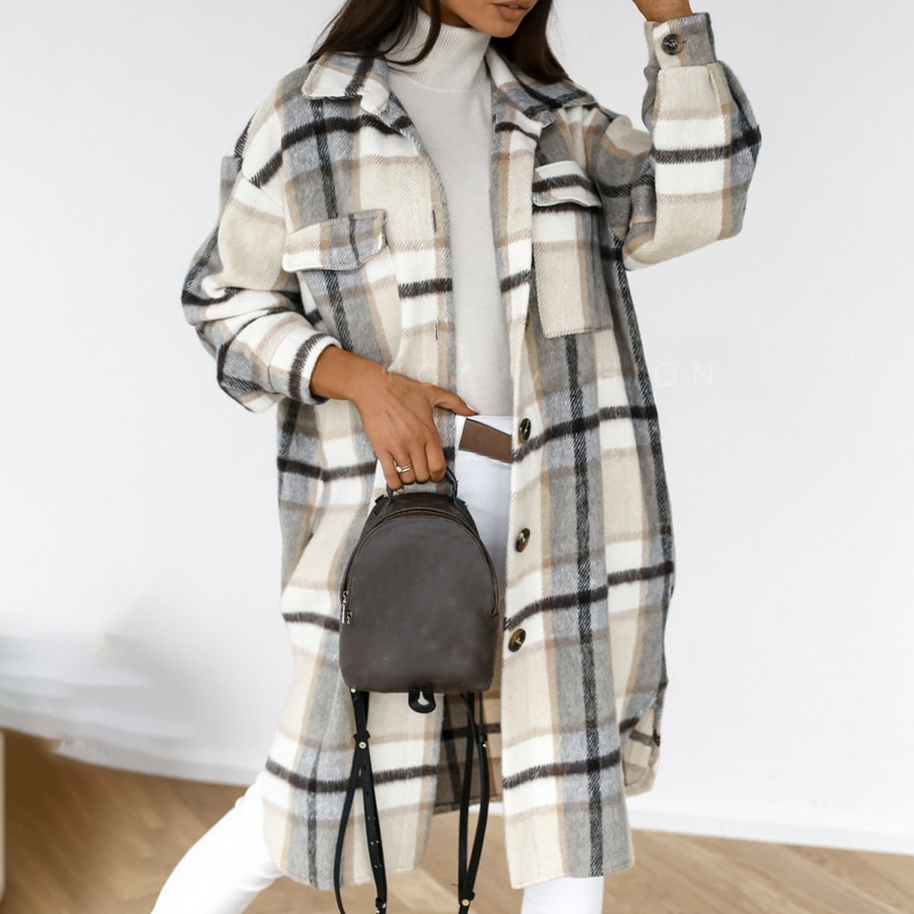 Women Checked Jacket Casual Turn Down Collar Plaid Long Coat Female Oversized Thick Warm Woolen Blends Overcoat