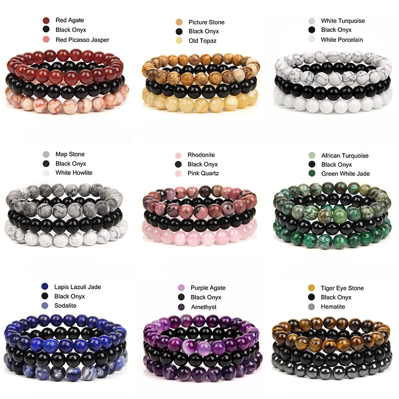 WAVE LENGTH Bracelets 8mm Natural Stone Bracelet Set 3Pcs/set Rhodonite Rose Pink Quartzs Moonstone Amethysts Hematite Bracelets For Women Men Jewelry