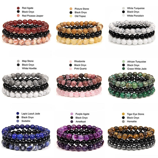 WAVE LENGTH Bracelets 8mm Natural Stone Bracelet Set 3Pcs/set Rhodonite Rose Pink Quartzs Moonstone Amethysts Hematite Bracelets For Women Men Jewelry