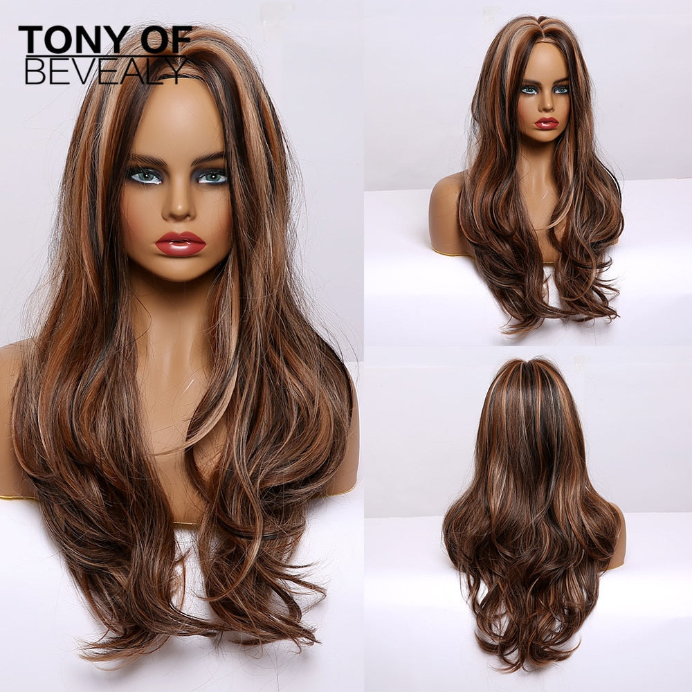 Long Wavy Brown to Light Blonde Ombre Hair Wigs Middle Part Natural Synthetic Wigs for Black Women Cosplay Heat Resistant Wigs