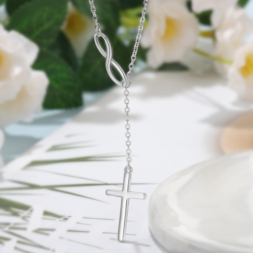 Cross & Infinity Solid 925 Sterling Silver Pendant Necklace Women Fine Jewelry