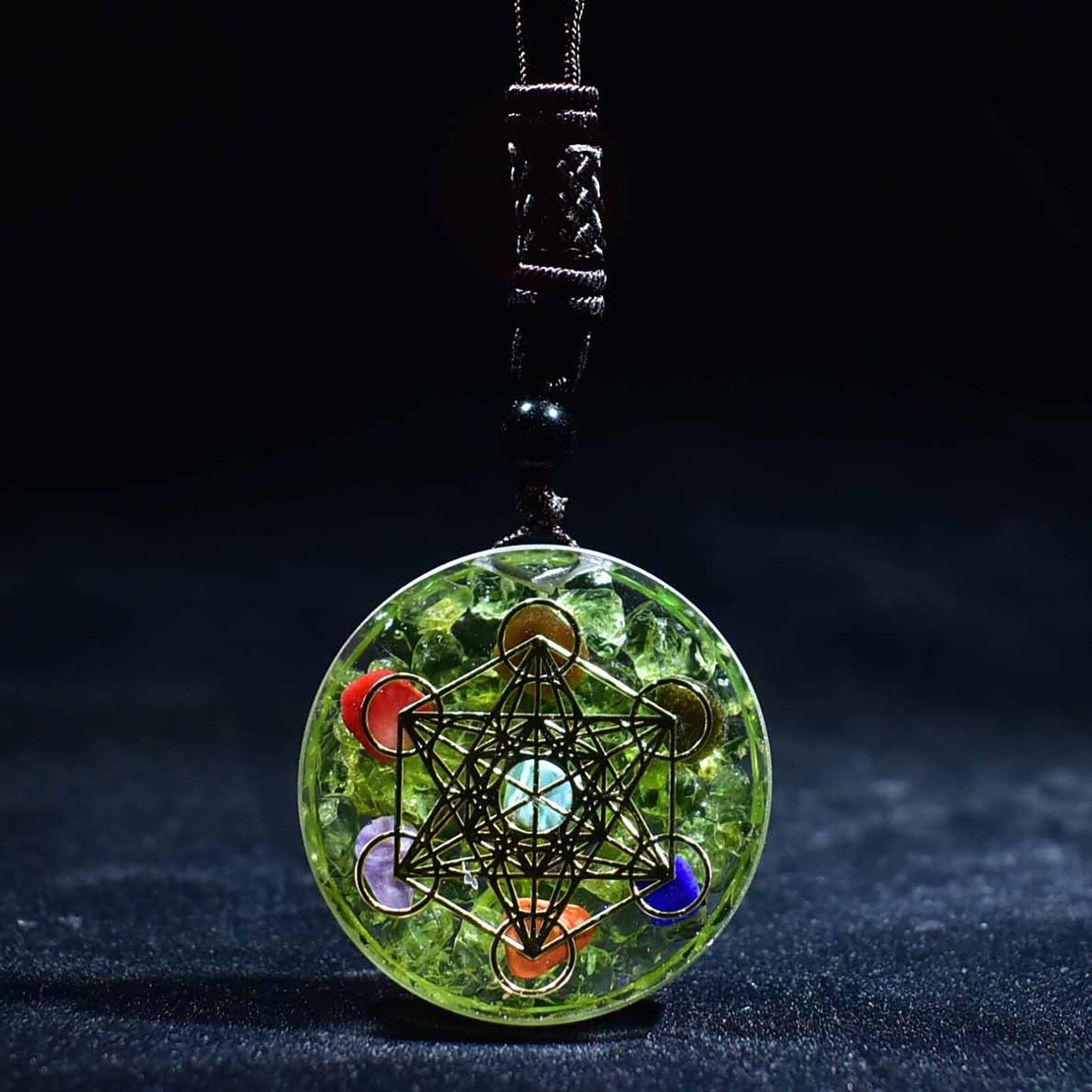 Women And Men Energy Magic Circle Necklace Pendant Natural Peridot Resin Seven Chakra Pendant Fashionable Jewelry Yoga Chain #18