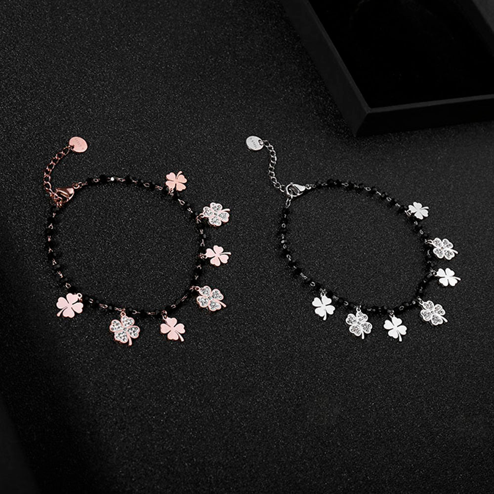Trendy Women Summer Accessories Bracelet Stainless Steel Charms Black Crystal Beads Chain Multi Clovers Jewelry