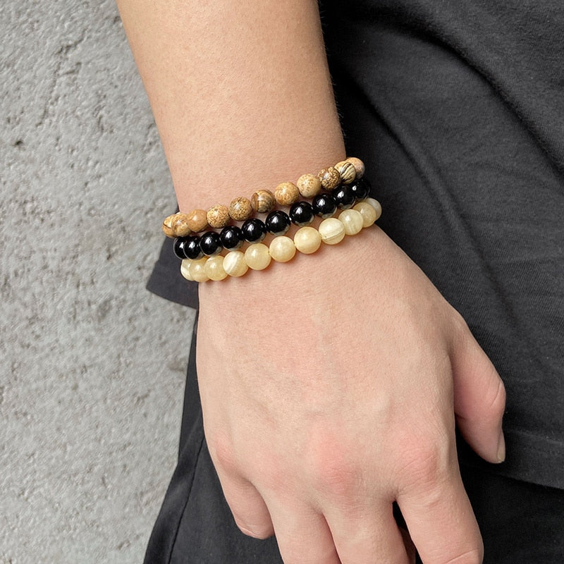 WAVE LENGTH Bracelets 8mm Natural Stone Bracelet Set 3Pcs/set Rhodonite Rose Pink Quartzs Moonstone Amethysts Hematite Bracelets For Women Men Jewelry