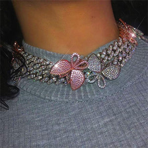 Pink Cuban Link Butterfly Choker Necklace Chain Crystal Rhinestone Chokers Necklaces