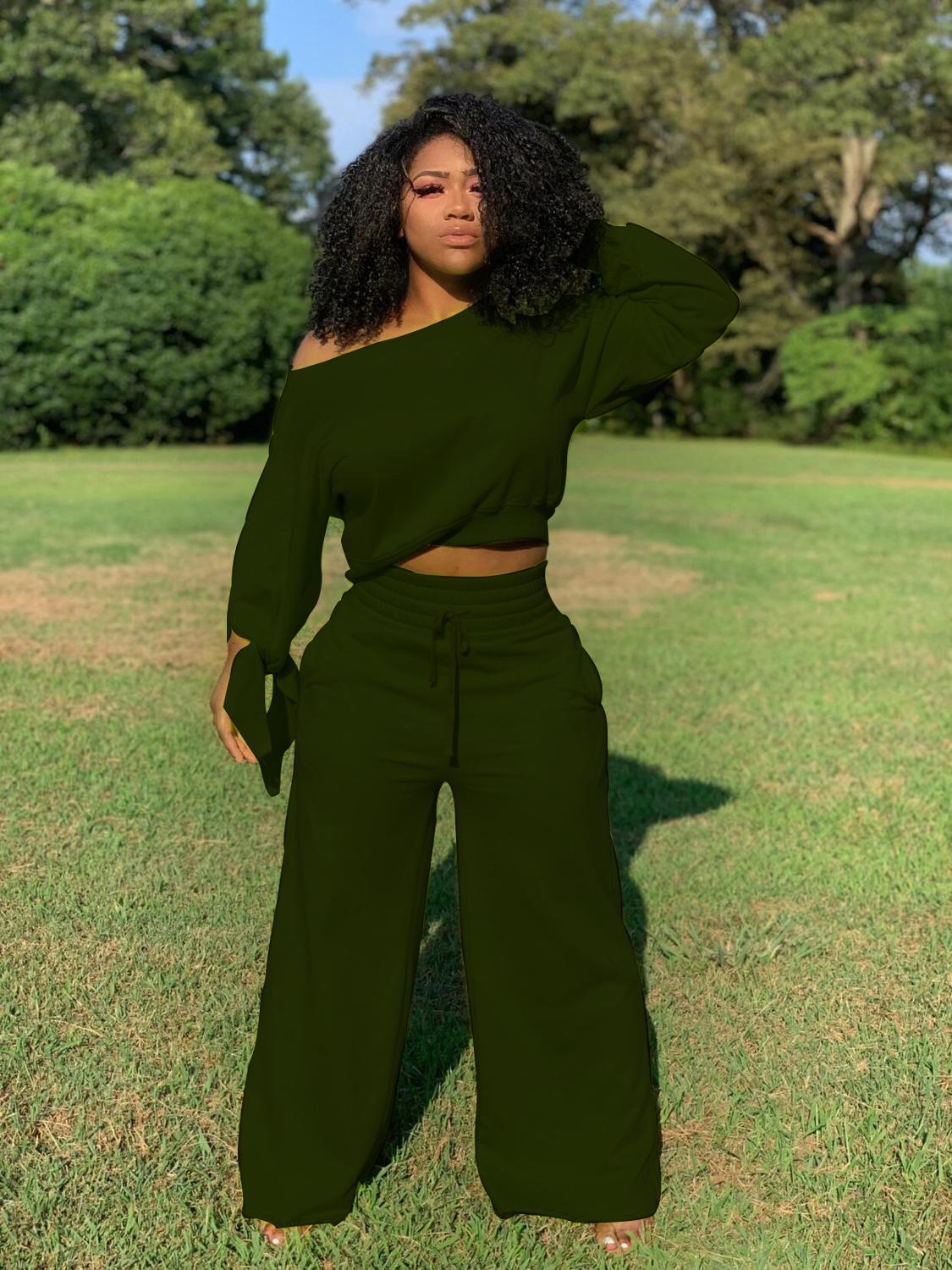 Long Sleeve Sexy Off Shoulder Crop Top Wide Leg Pants Two Piece Set lounge wear Casual Fashion Tracksuit  Outfit
