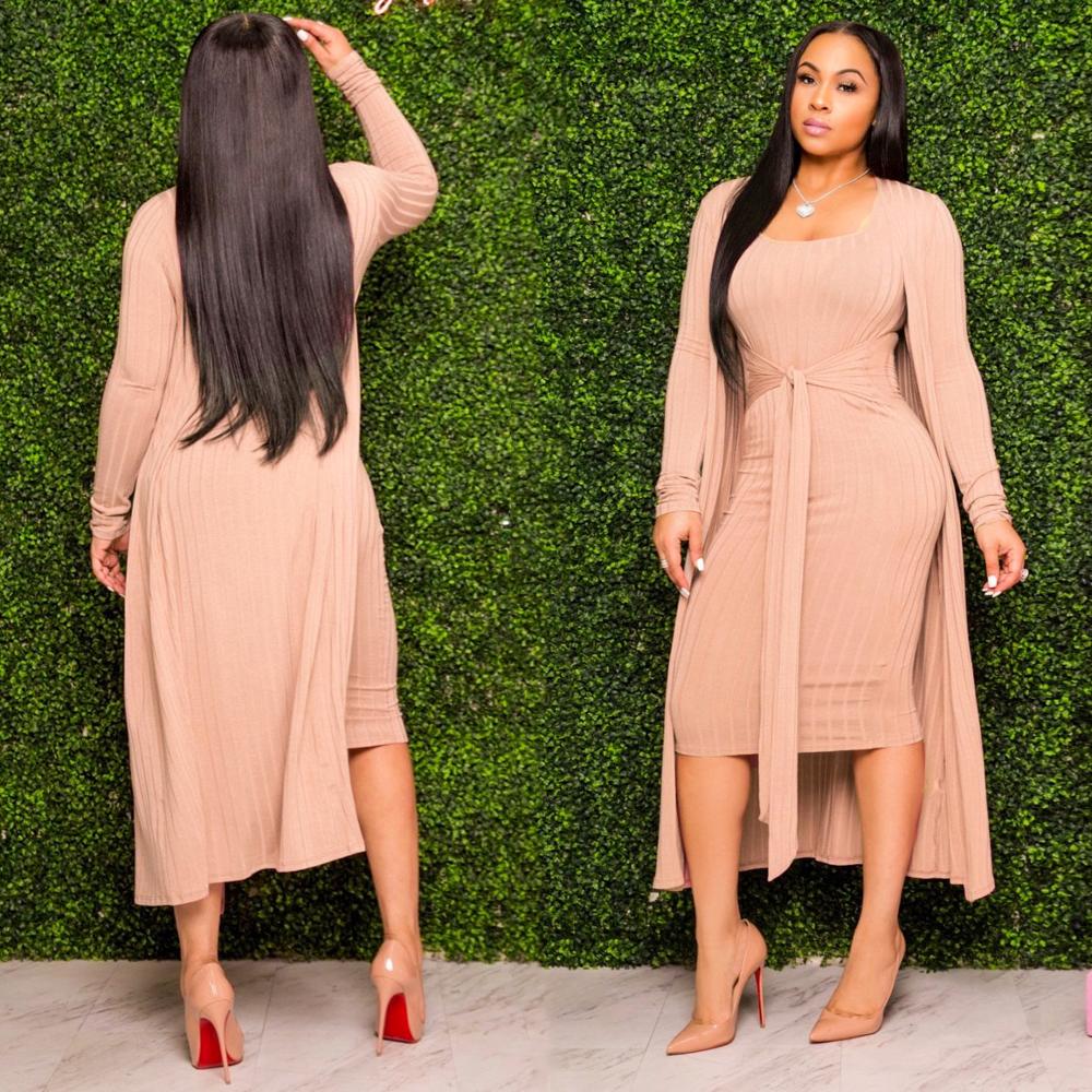 Knitted Sweater Bodycon Sleeveless Dress Long Cardigans Coat 2 Piece Set Ribbed Dress Belt