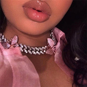Pink Cuban Link Butterfly Choker Necklace Chain Crystal Rhinestone Chokers Necklaces