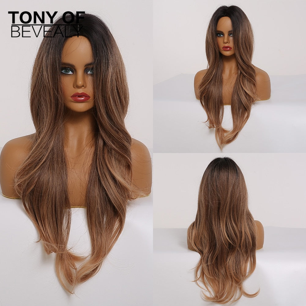 Long Wavy Brown to Light Blonde Ombre Hair Wigs Middle Part Natural Synthetic Wigs for Black Women Cosplay Heat Resistant Wigs