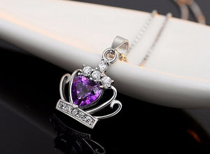 🌺✝Ashes to Beauty Sterling Silver Necklace Queen Princess Crystal Crown Zirconia Heart Pendant Necklace For Women 45cm Chain S-N98