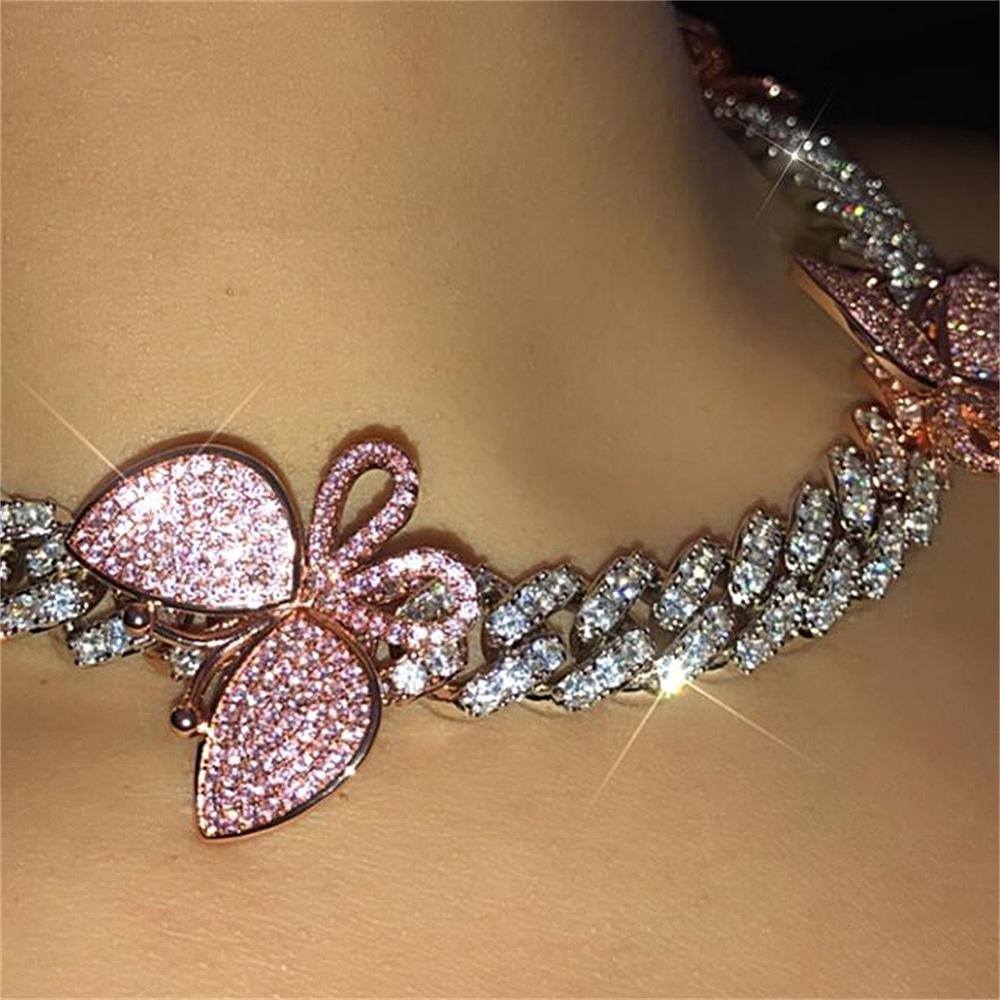 Pink Cuban Link Butterfly Choker Necklace Chain Crystal Rhinestone Chokers Necklaces