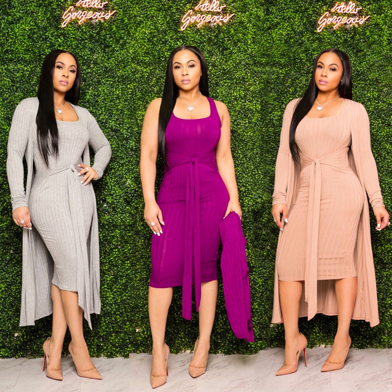 Knitted Sweater Bodycon Sleeveless Dress Long Cardigans Coat 2 Piece Set Ribbed Dress Belt
