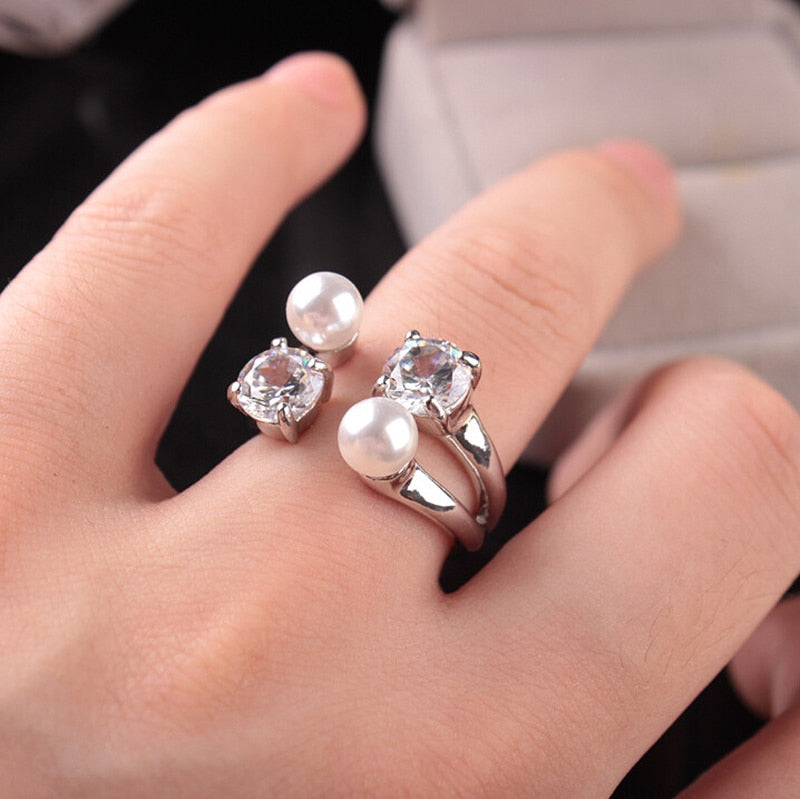 Fashion  Crystal  Fine  New  Pearl  Ring  Adjustable  Opening