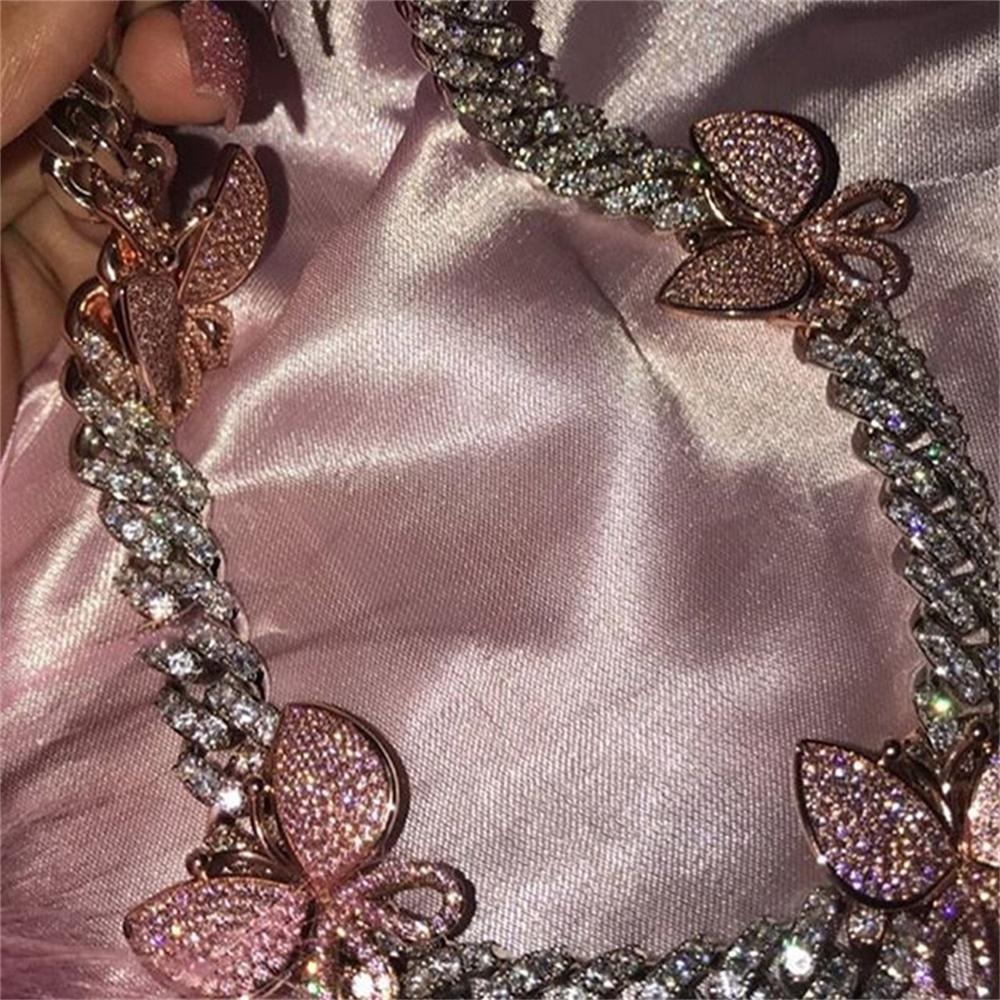 Pink Cuban Link Butterfly Choker Necklace Chain Crystal Rhinestone Chokers Necklaces