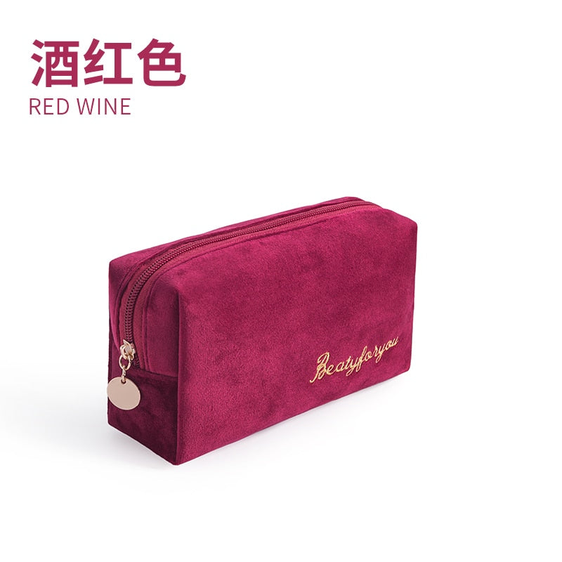 Women Cosmetic Bag Toiletries Tool Travel Organizer Solid Color Storage Easy carry Case Flannel Zipper Ladies Makeup Bag