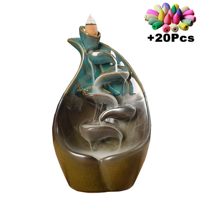 As Seen on TV- TRACI K BEAUTY ZEN Waterfall Incense Burners Pick Yours Ceramic Incense Holder, 10- 20 pcs Mixed Incense Cones (Burner Size L and Size M)