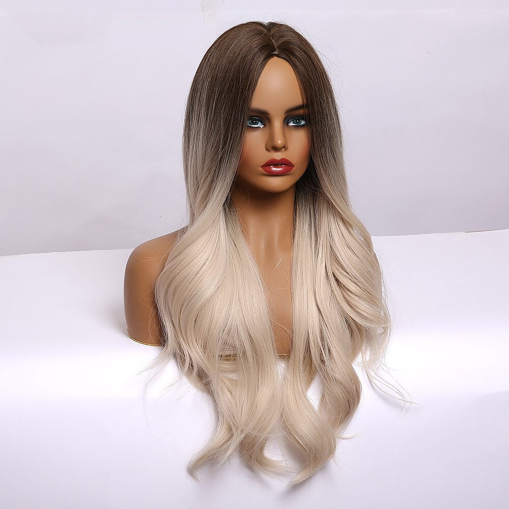 Long Wavy Brown to Light Blonde Ombre Hair Wigs Middle Part Natural Synthetic Wigs for Black Women Cosplay Heat Resistant Wigs
