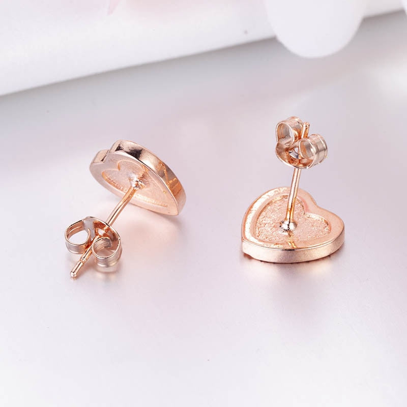 Heart shaped Stud Earrings for Women Silver 925 Jewelry Trendy Female Rose Gold Color Ear studs