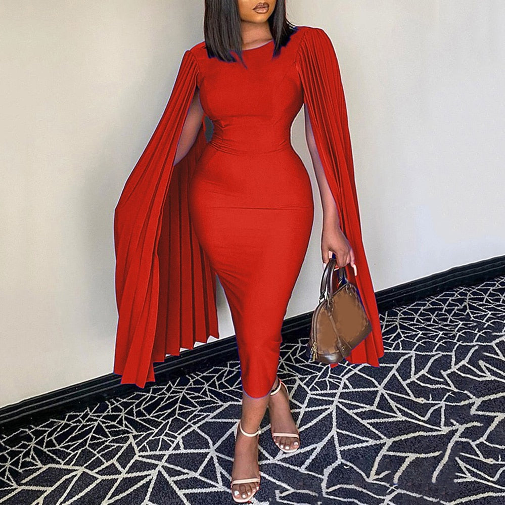 Red Dress Cloak Sleeve High Waist Bodycon Solid Mid Calf Elegant For Evening Party Dinner