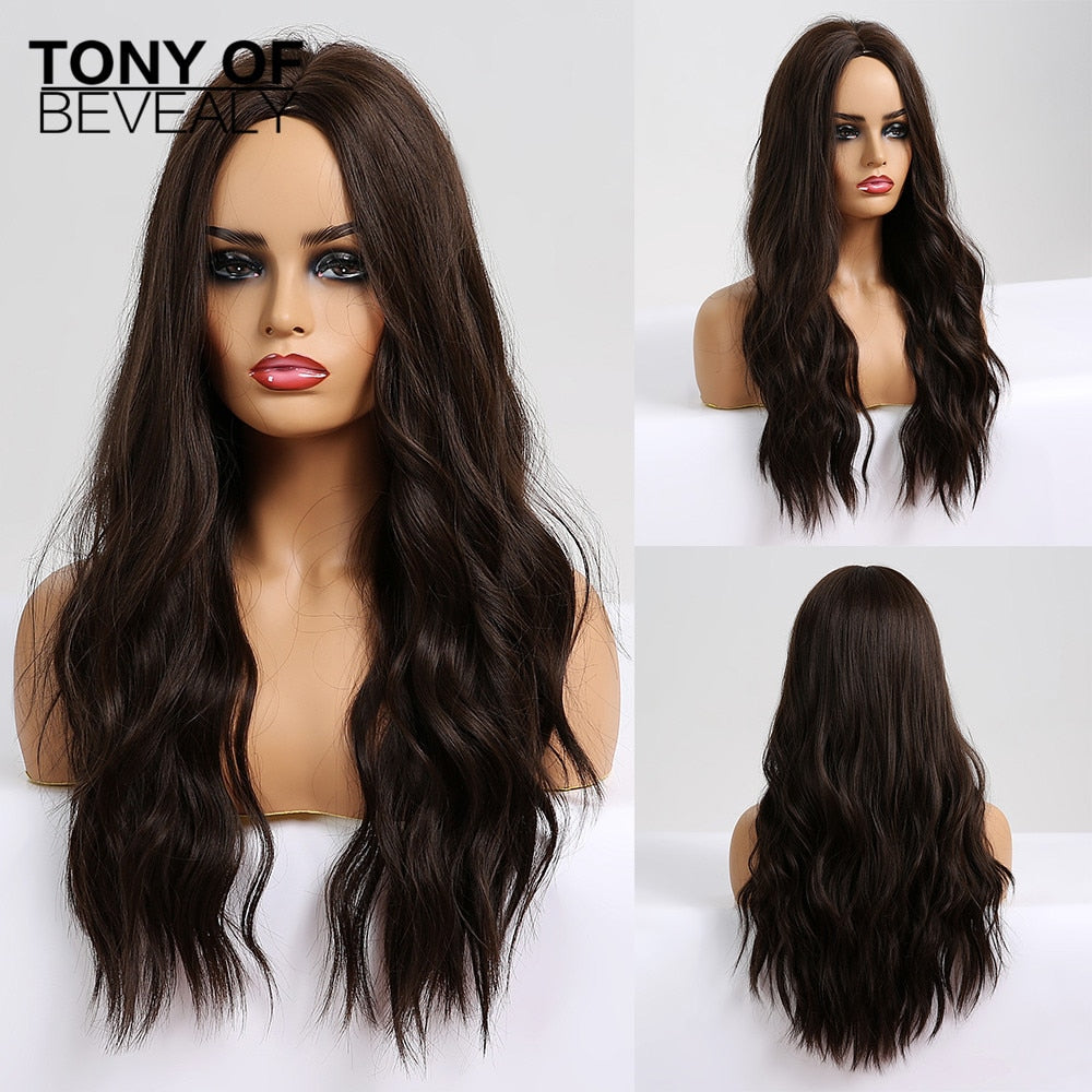 Long Wavy Brown to Light Blonde Ombre Hair Wigs Middle Part Natural Synthetic Wigs for Black Women Cosplay Heat Resistant Wigs