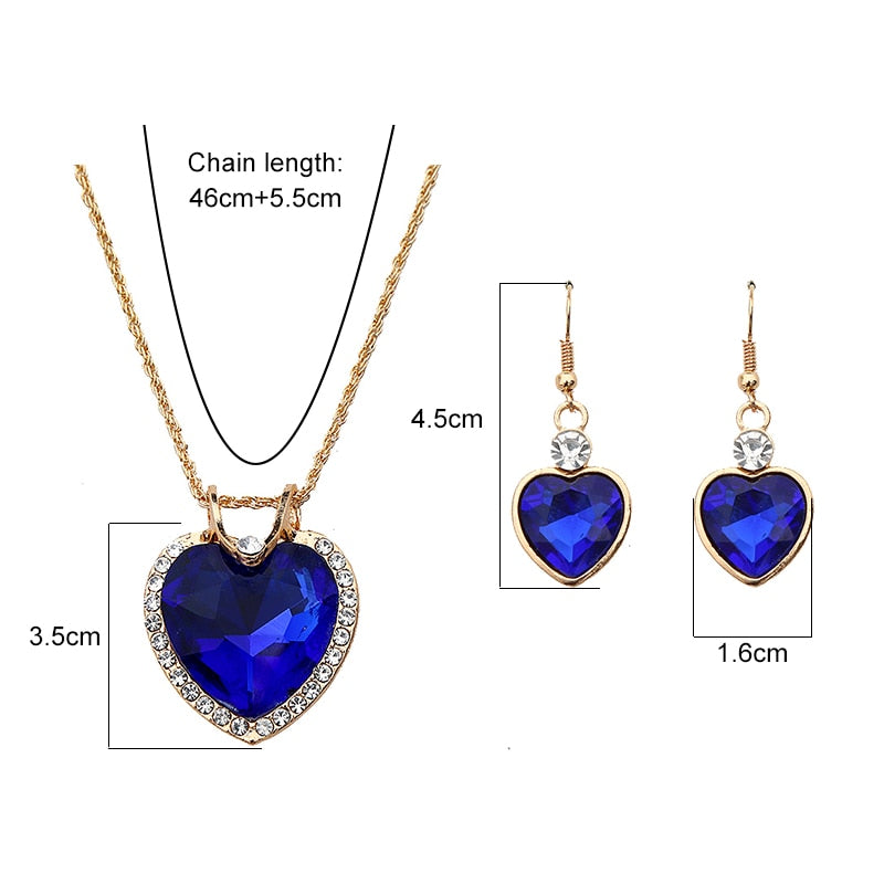 Fashion Jewelry Luxury Gold-color Romantic Austrian Crystal heart shape Chain Necklace Earrings Jewelry Sets