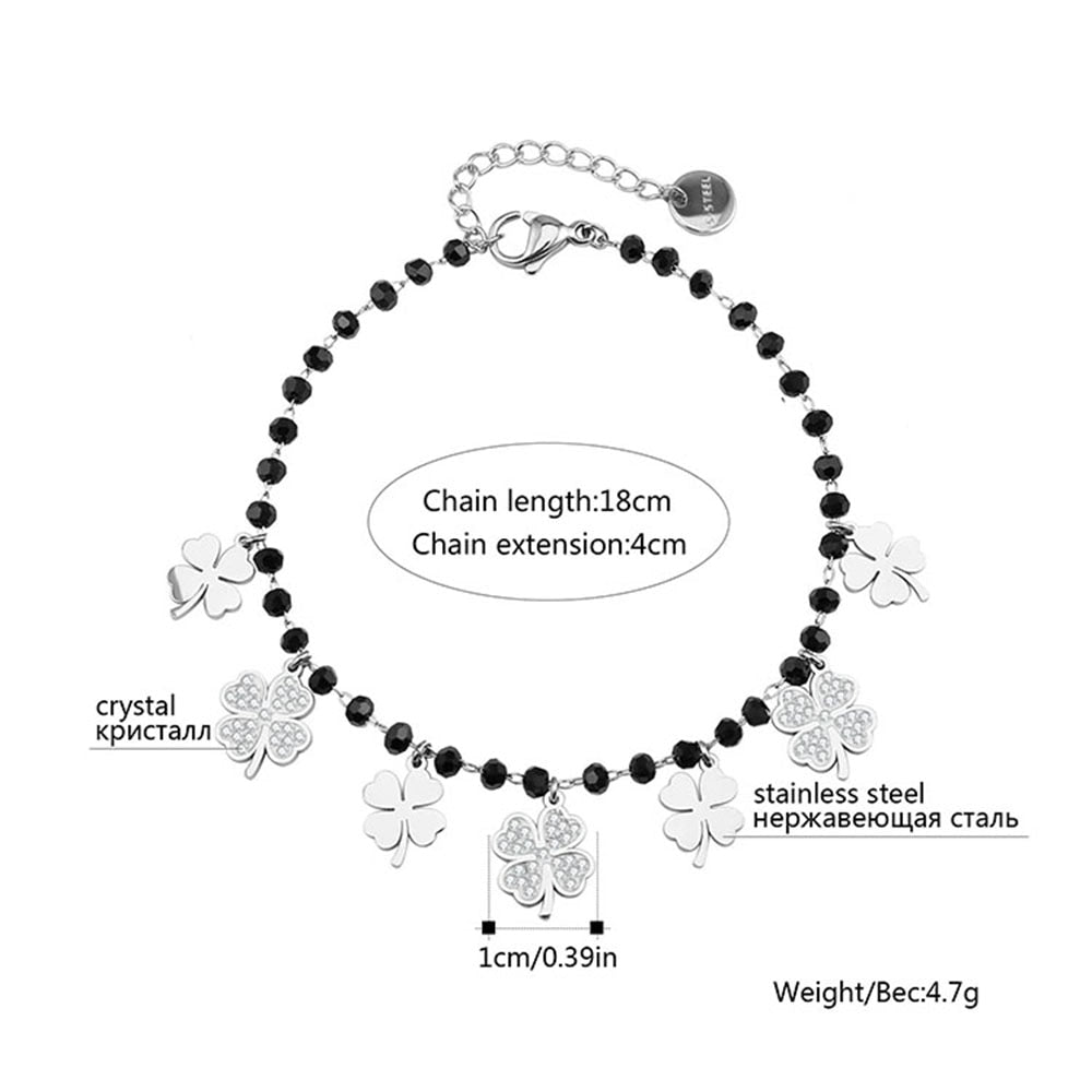 Trendy Women Summer Accessories Bracelet Stainless Steel Charms Black Crystal Beads Chain Multi Clovers Jewelry