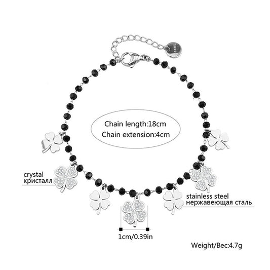 Trendy Women Summer Accessories Bracelet Stainless Steel Charms Black Crystal Beads Chain Multi Clovers Jewelry