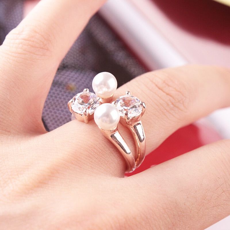 Fashion  Crystal  Fine  New  Pearl  Ring  Adjustable  Opening