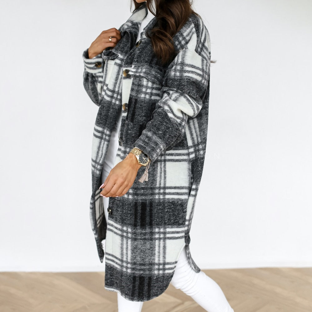 Women Checked Jacket Casual Turn Down Collar Plaid Long Coat Female Oversized Thick Warm Woolen Blends Overcoat