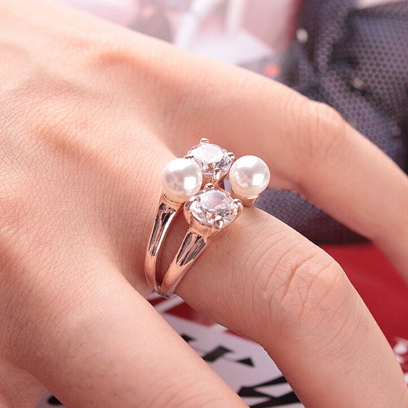 Fashion  Crystal  Fine  New  Pearl  Ring  Adjustable  Opening