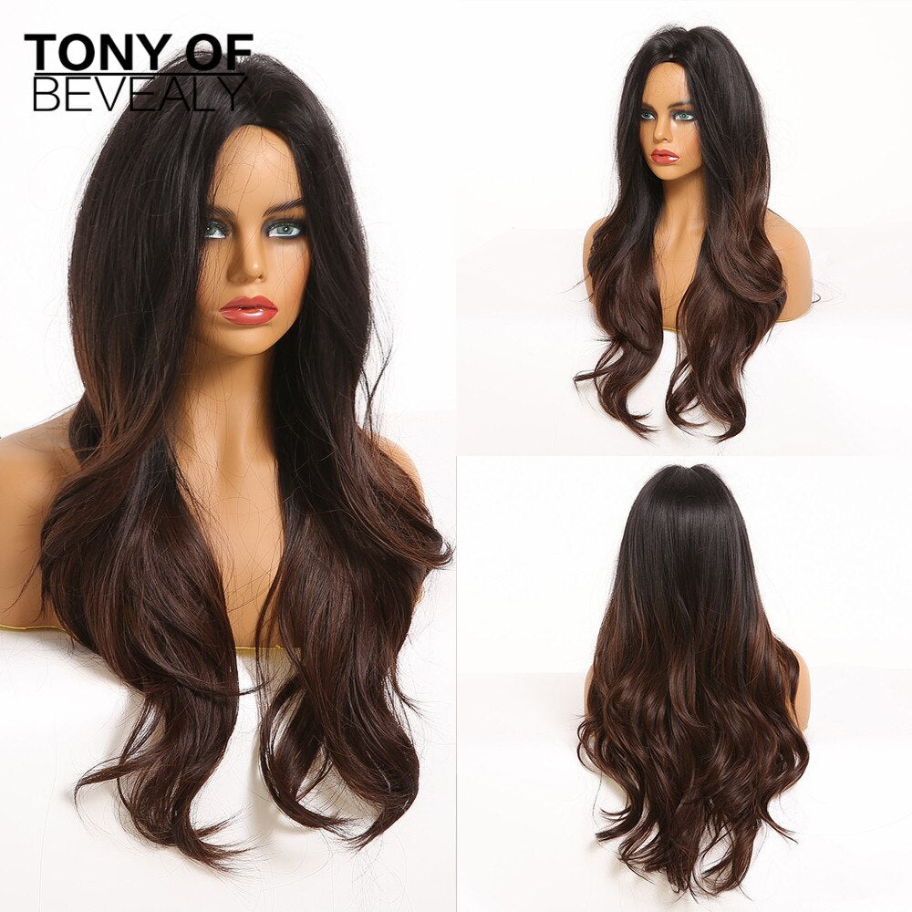 Long Wavy Brown to Light Blonde Ombre Hair Wigs Middle Part Natural Synthetic Wigs for Black Women Cosplay Heat Resistant Wigs