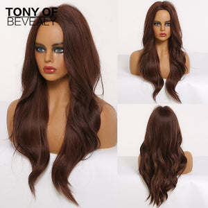 Long Wavy Brown to Light Blonde Ombre Hair Wigs Middle Part Natural Synthetic Wigs for Black Women Cosplay Heat Resistant Wigs